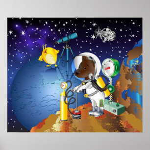 望遠鏡で宇宙の子犬とエイリアン ポスター