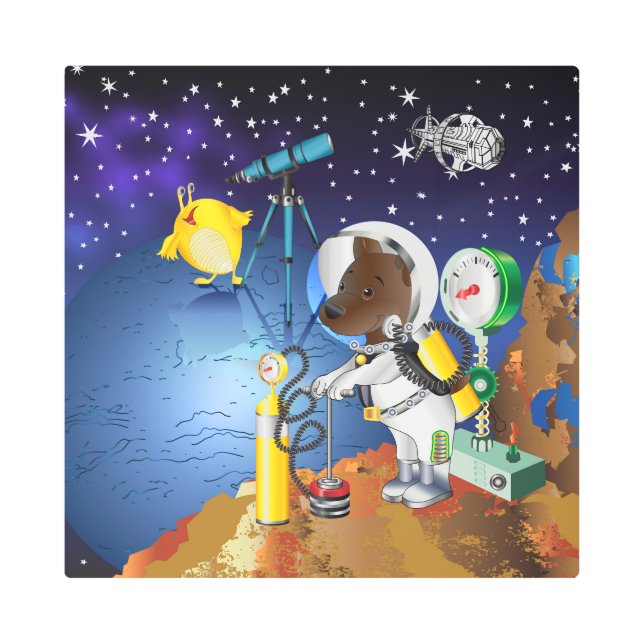 望遠鏡で宇宙の子犬とエイリアン メタルプリント (正面)