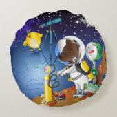 望遠鏡で宇宙の子犬とエイリアン ラウンドクッション (裏面)