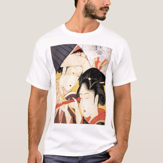 望遠鏡を覗く女,北斎望遠鏡を持つ少女，北斎，浮世絵 Tシャツ (正面)