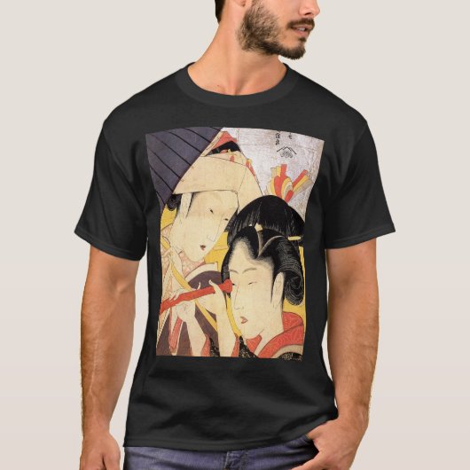 望遠鏡を覗く女、望遠鏡、Hokusai、Ukiyo-eを持つ北斎の女の子 Tシャツ (正面)