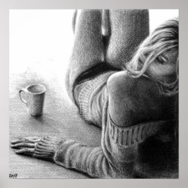 朝のコーヒーペンシルスケッチアートを持つ女性 ポスター