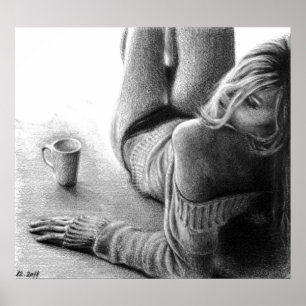 朝のコーヒーペンシルスケッチアートを持つ女性 ポスター