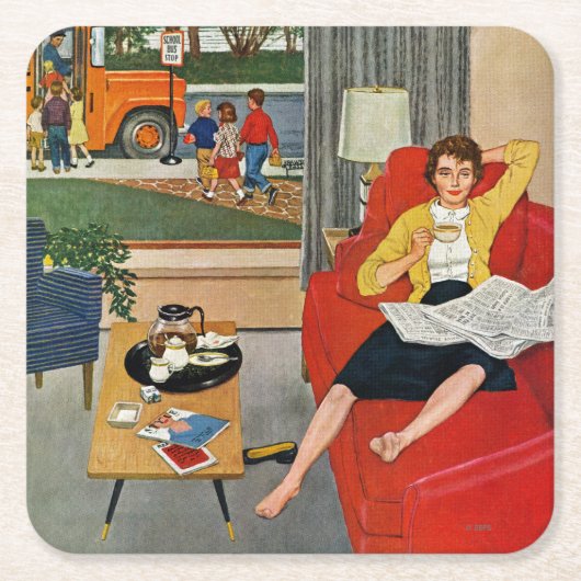 朝のコーヒー休憩 スクエアペーパーコースター (正面)