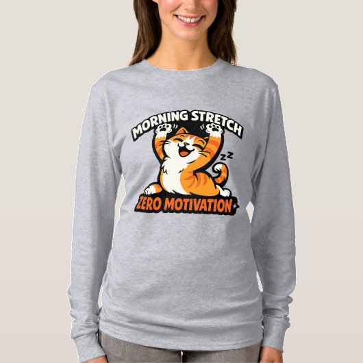 朝のストレッチ、ゼロモチベーション猫 Tシャツ (正面)