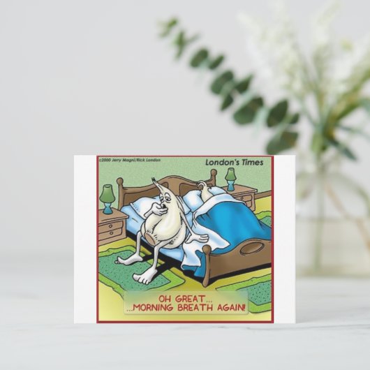 朝のニンニクの息を吐きおもしろい出す漫画のギフト ポストカード (スタンド正面)