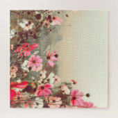 朝の光、ピンクのコスモスの咲く。 ジグソーパズル (横)