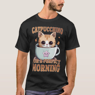 朝の完璧なコーヒーキャットのためのカプチーノ Tシャツ