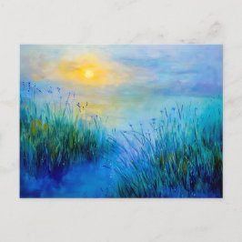 朝の日の出で青い草原 シーズンポストカード