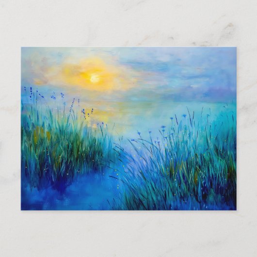 朝の日の出で青い草原 シーズンポストカード (正面)