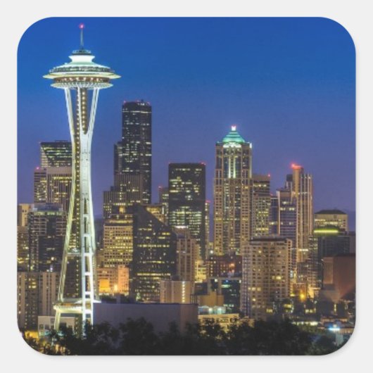 朝の時間のシアトルのスカイラインのイメージ スクエアシール (正面)