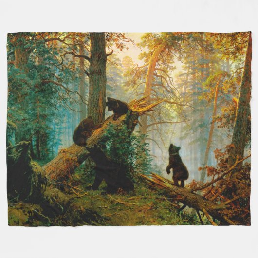 朝の松の木の熊のカッブ・シシュキン フリースブランケット (正面(横))