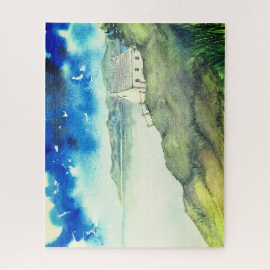 朝の湖の風景の水の色の静寂 ジグソーパズル (縦)