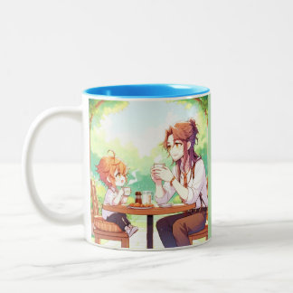 朝の瞬間 – チビ（小さくかわいく書いた感じ）父と子供コーヒーマグ ツートーンマグカップ