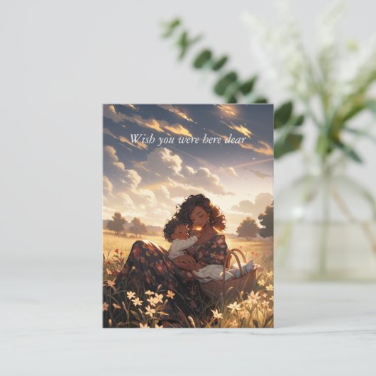 朝の草地にアニメのお母さん – 超背 ポストカード (スタンド正面)