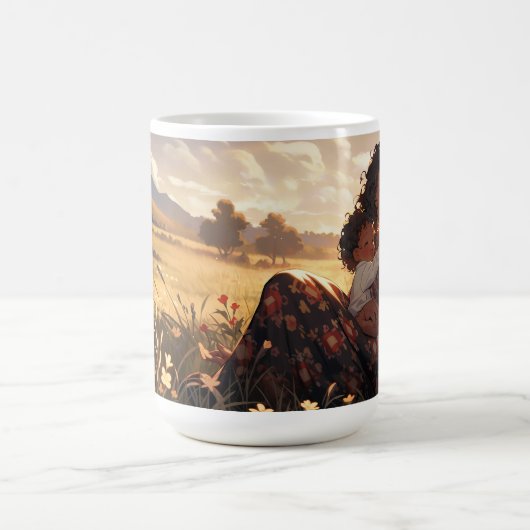 朝の草地に住むアニメのお母さん コーヒーマグカップ (中央)