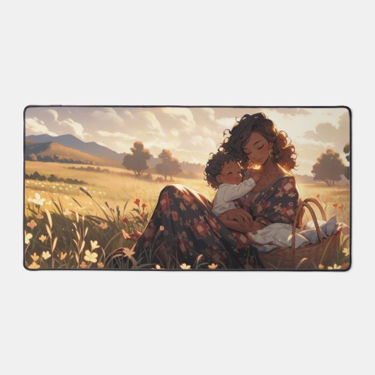朝の草地に住むアニメのお母さん デスクマット (正面)