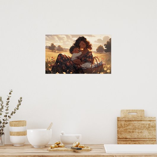 朝の草地に住むアニメのお母さん ポスター (キッチン)