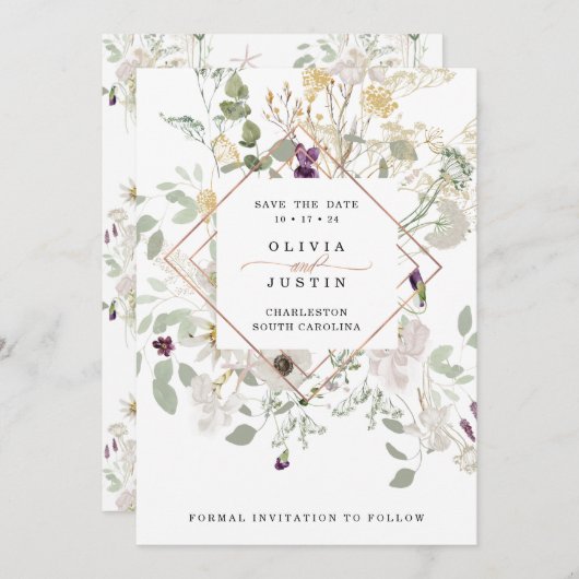 朝の野草 |繊細なバラ金ゴールド幾何学的 セーブザデート (正面/裏面)