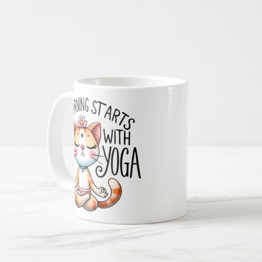「朝はヨガで始まる」おもしろい猫好き コーヒーマグカップ (正面左)