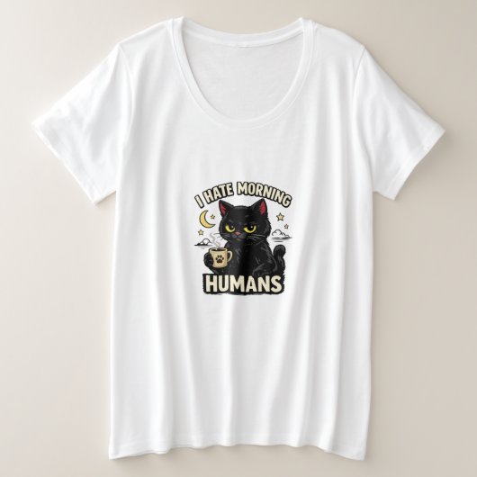 朝を嫌がる黒猫 プラスサイズTシャツ (デザイン正面)