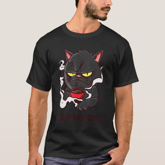朝嫌いのための朝食コーヒーと猫の引用 Tシャツ (正面)
