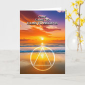 朝日が昇るビーチでの「カム・トゥ・ビリーブ」AAスローガン カード (黄色い花)
