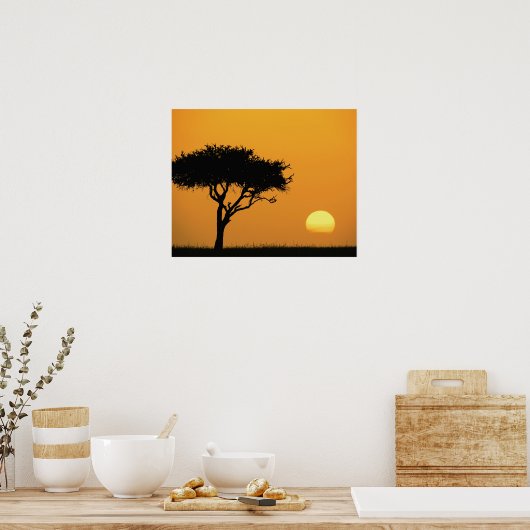 朝日独身のにシルエットしたアカシアの木マサイ ポスター (キッチン)