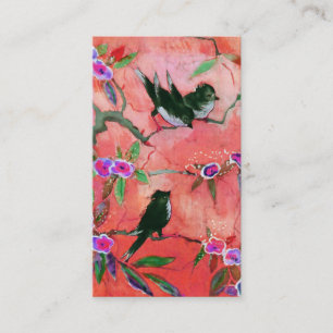 朝色: モモおよび明るい赤紫色の鳥の絵画 名刺