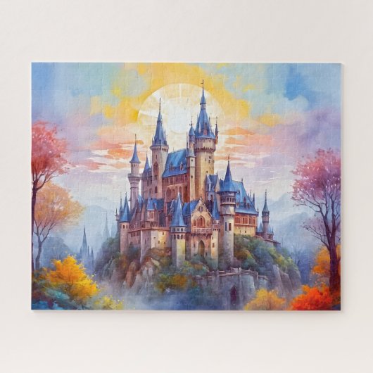 朝霧の中の古い魔法の城 ジグソーパズル (横)