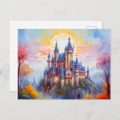 朝霧の中の古い魔法の城 ポストカード (正面/裏面)