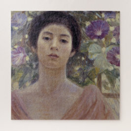 朝顔の花を持つ優雅な日本人女性 ジグソーパズル