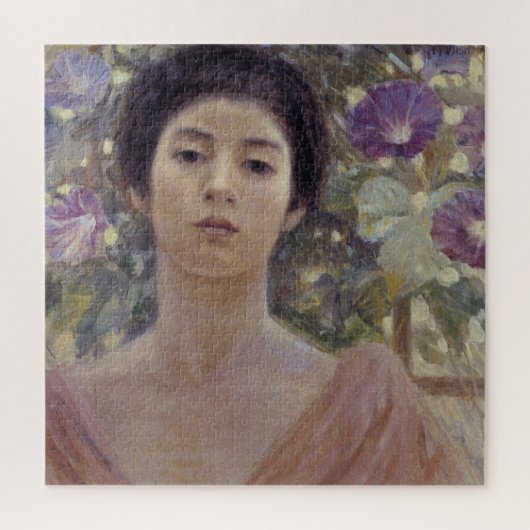 朝顔の花を持つ優雅な日本人女性 ジグソーパズル (縦)