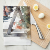 朝顔：水色の雄鶏 キッチンタオル (四つ折り)