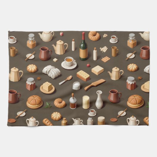 朝食とティーセットのシームレスパターン キッチンタオル (横)