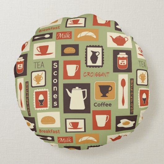 朝食のための台所皿が付いているレトロパターン ラウンドクッション (裏面)