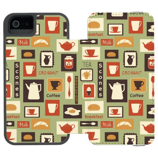 朝食のための台所皿が付いているレトロパターン INCIPIO iPhoneウォレットケース (フォリオ Open)