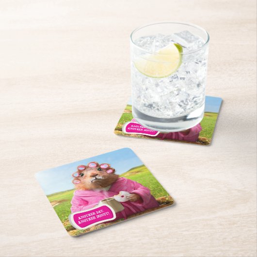 朝食のドーナツおよびコーヒーとの朝Groundhog スクエアペーパーコースター (インサイチュ)