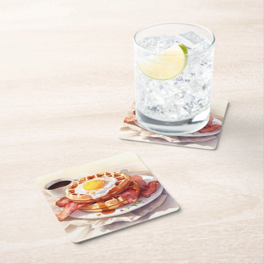 朝食エッグワッフルベーコンコーヒーフードグルメ スクエアペーパーコースター (インサイチュ)