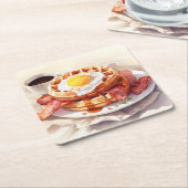 朝食エッグワッフルベーコンコーヒーフードグルメ スクエアペーパーコースター (アングル)