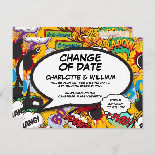 期日の変更おもしろい延期モダン漫画簿 案内ポストカード (正面/裏面)