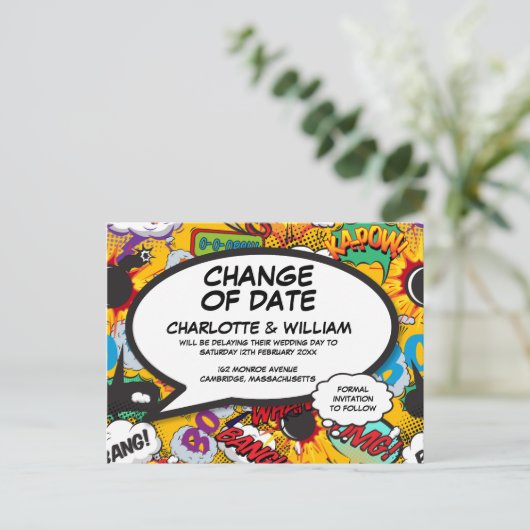 期日の変更おもしろい延期モダン漫画簿 案内ポストカード (スタンド正面)