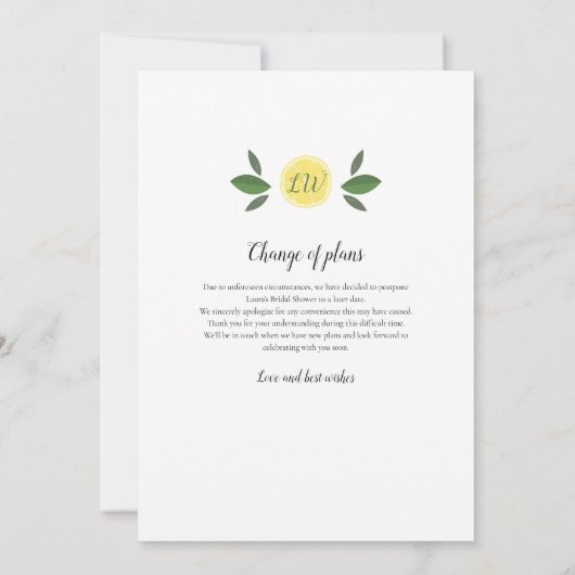 期日の変更ブライダルシャワー延期カード 招待状 (裏面)