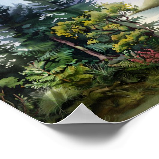 木々が歌う青いスモークの山ピンクの雲 ポスター (角)