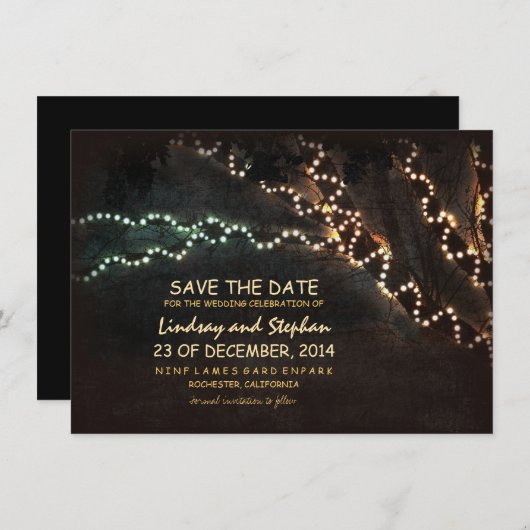 木々と光の文字列ラスティック日付カードを保存 セーブザデート (正面/裏面)