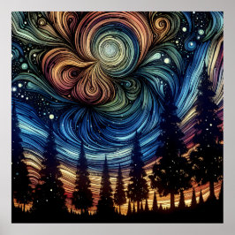 木々と夜空を持つ神秘的なエーテル芸術 ポスター