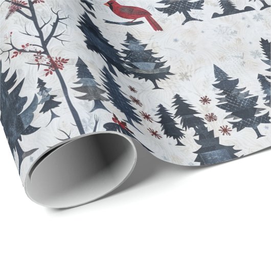 木々と赤い鳥と雪の冬のシーン ラッピングペーパー (ロールコーナー)