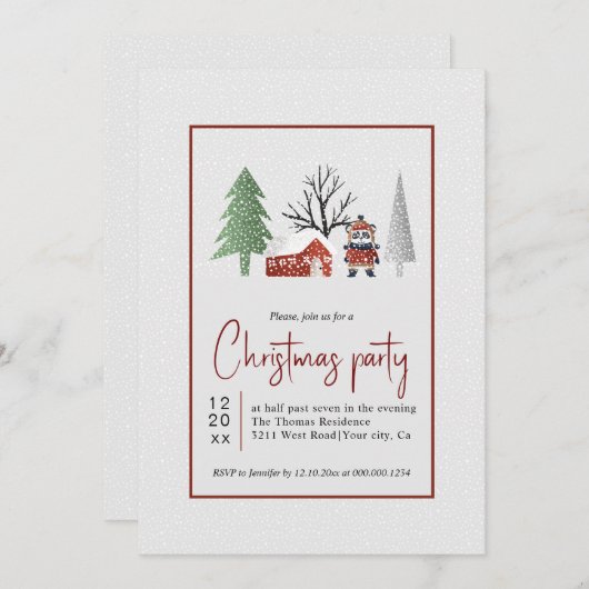 木々と雪の冬の風景クリスマスパーティー 招待状 (正面/裏面)