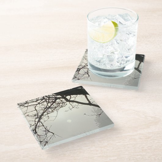 木々に囲まれた白い空と太陽 ガラスコースター (アングル)