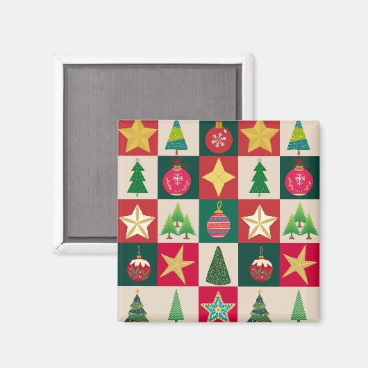 木々のオーナメントと星 マグネット (正面/裏面)